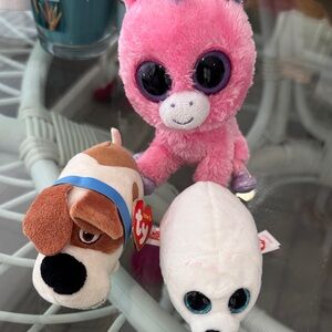 Ty Pink Unicorn, White Seal & Brown Dog Beanie Boo Plush Set